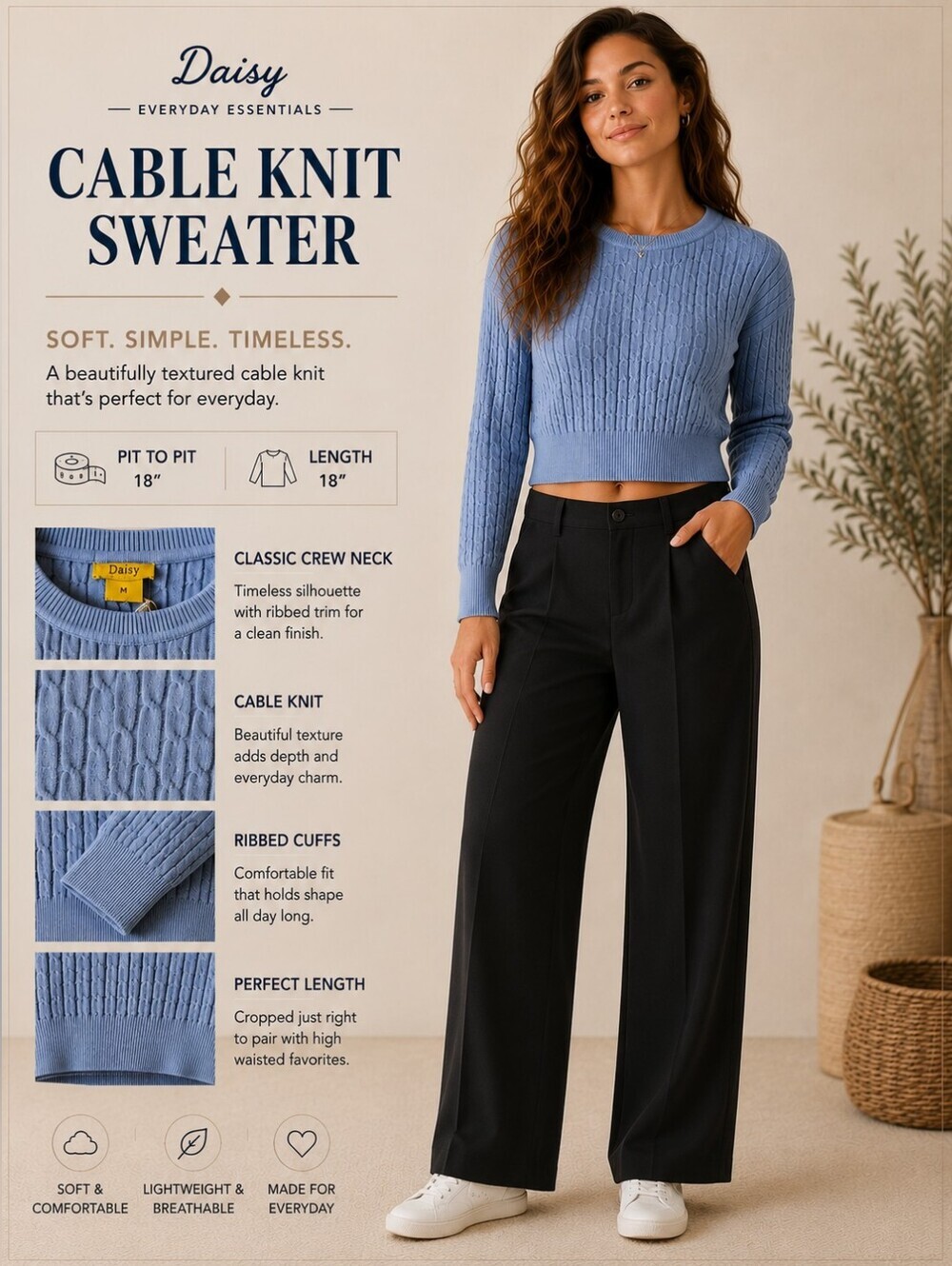 NWT Daisy Denim Blue Cable Knit Crop Sweater Size M Coquette Coastal Grandma